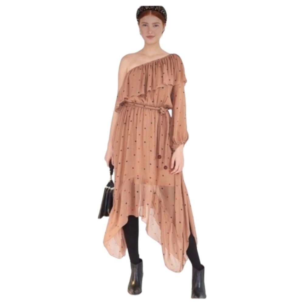 NWT Farm Rio Beige Dots One Shoulder Tiered Dress